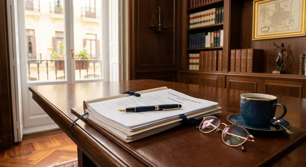 Mesa de despacho con un contrato, una pluma y gafas; al fondo, estanterías con libros jurídicos y una balanza de la justicia