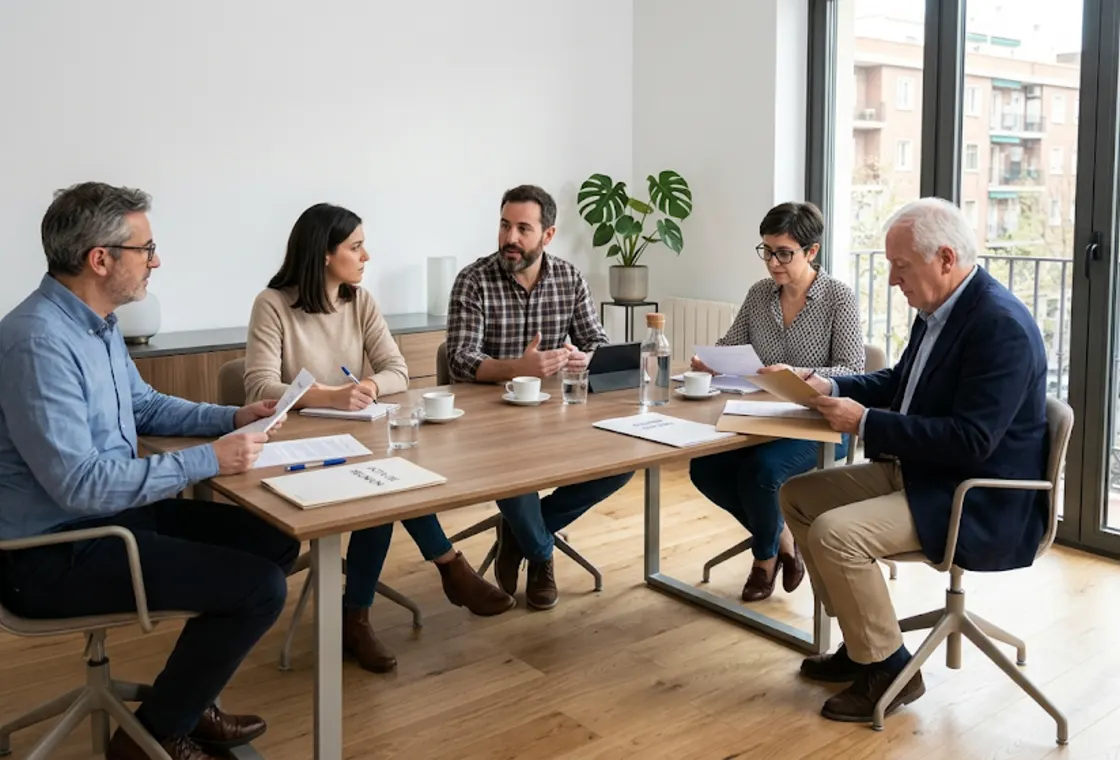 Reunión de vecinos de una comunidad de propietarios con el administrador de fincas en Madrid